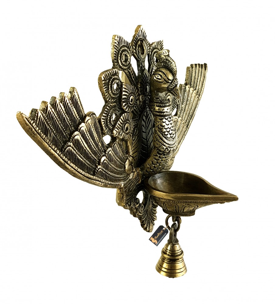 Ethnic Carved Brass Peacock Winged Design Hanging Diya with Bell - Antique White