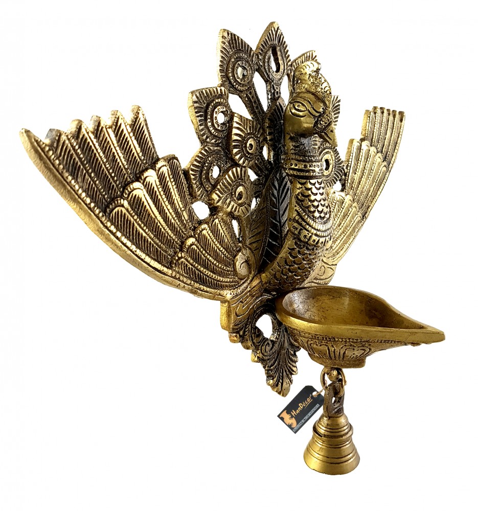 Ethnic Carved Brass Peacock Winged Design Hanging Diya with Bell - Antique Yellow