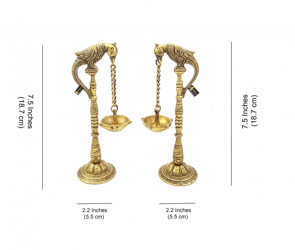 Parrot Design 7.5 Inches Brass Hanging Diya Pair