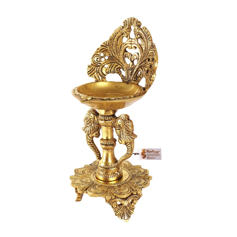 Ethnic Twin Peacock Design 9 Inches Brass Oil Diya with Base (Golden, Pack of 1)