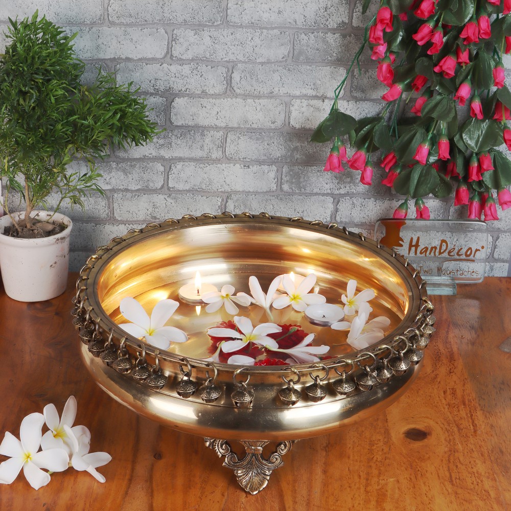 Brass 8 Inches Urli Bowl on Ethnic Carved Legs