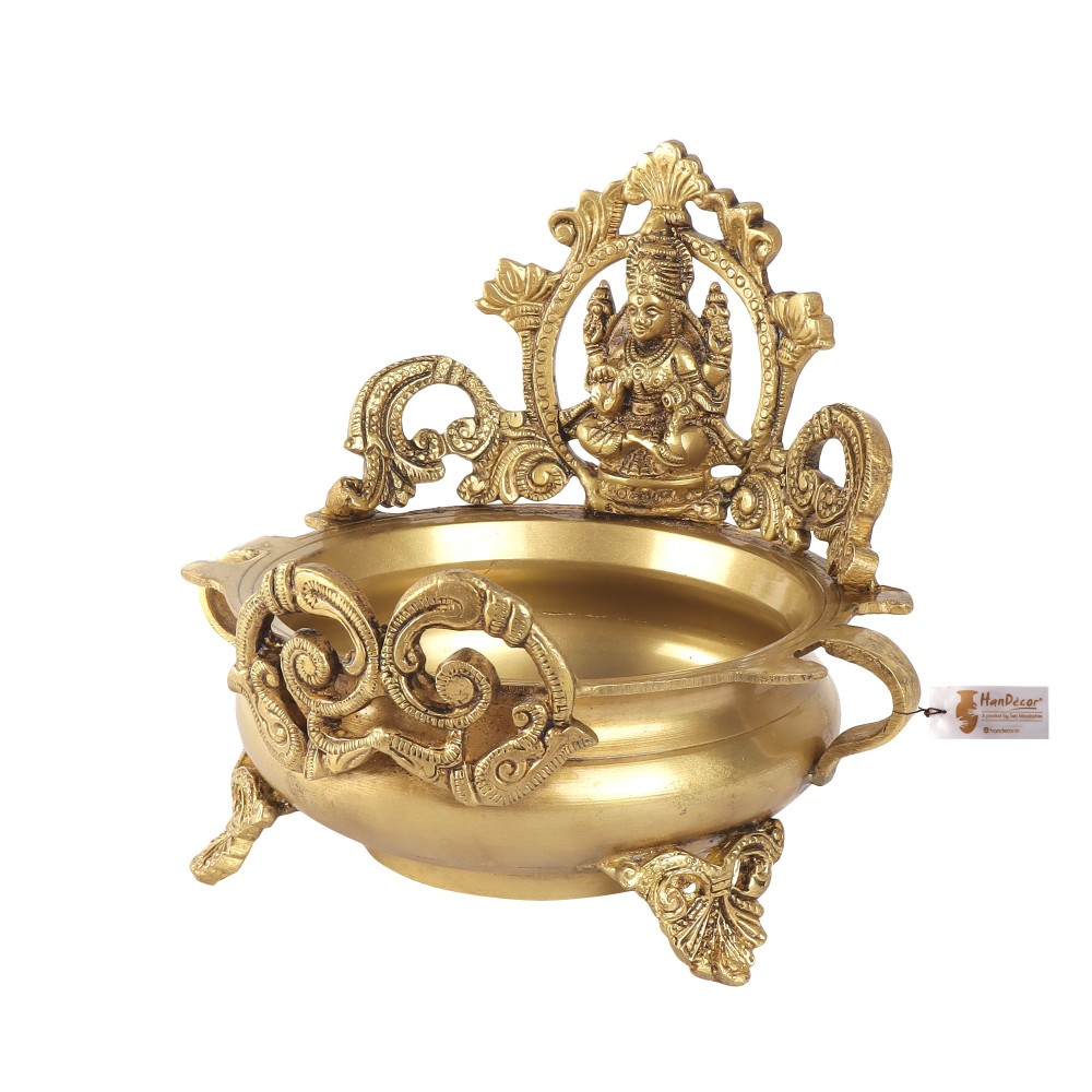 Brass Ethnic Carved Laxmi Design 7 Inches Brass Decor Urli Decor Bowl (Golden)