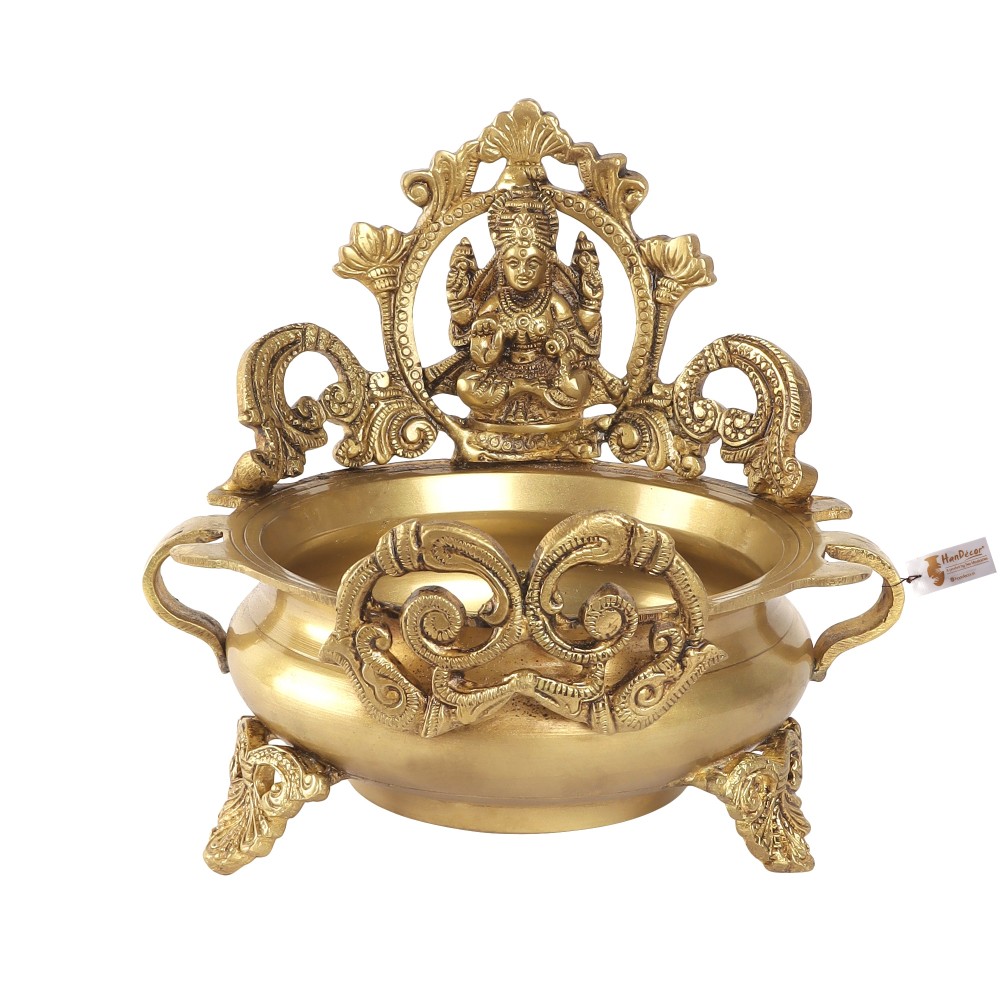 Brass Ethnic Carved Laxmi Design 7 Inches Brass Decor Urli Decor Bowl (Golden)
