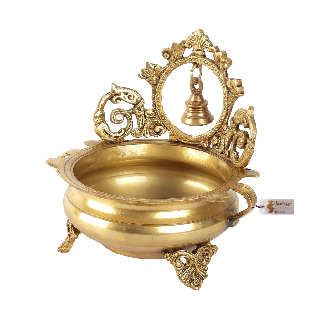 Ethnic Carved 7 Inches Brass Decor Urli Bowl with Bell (Golden)