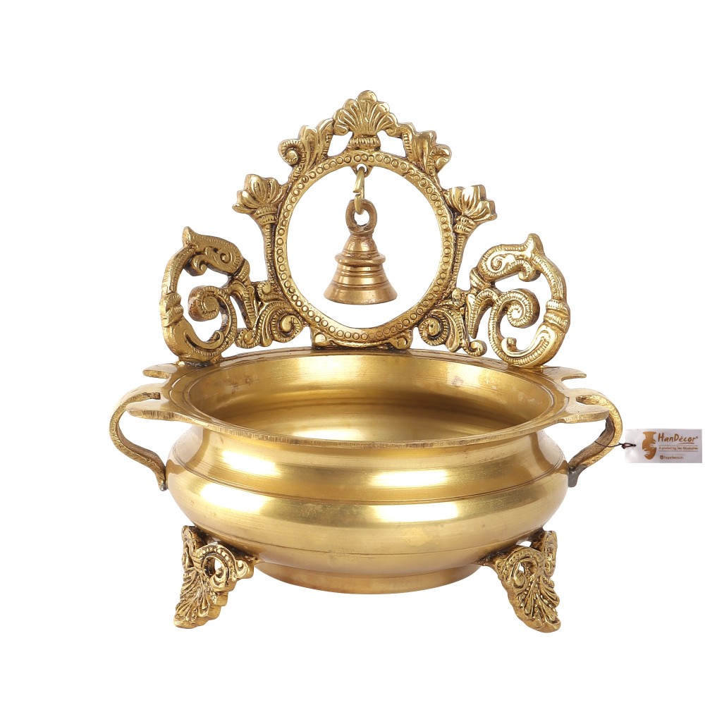 Ethnic Carved 7 Inches Brass Decor Urli Bowl with Bell (Golden)