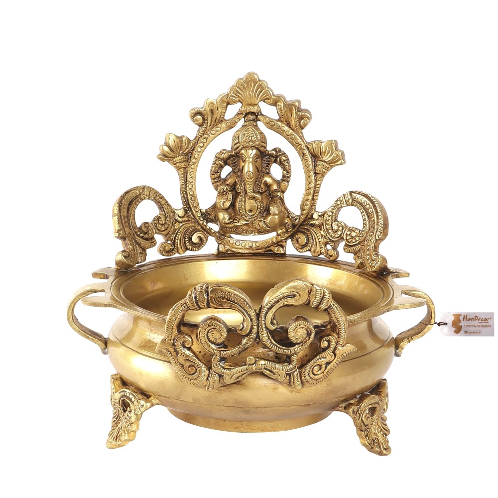 Brass Ethnic Carved Ganesha Design 7 Inches Brass Decor Urli Decor Bowl Golden