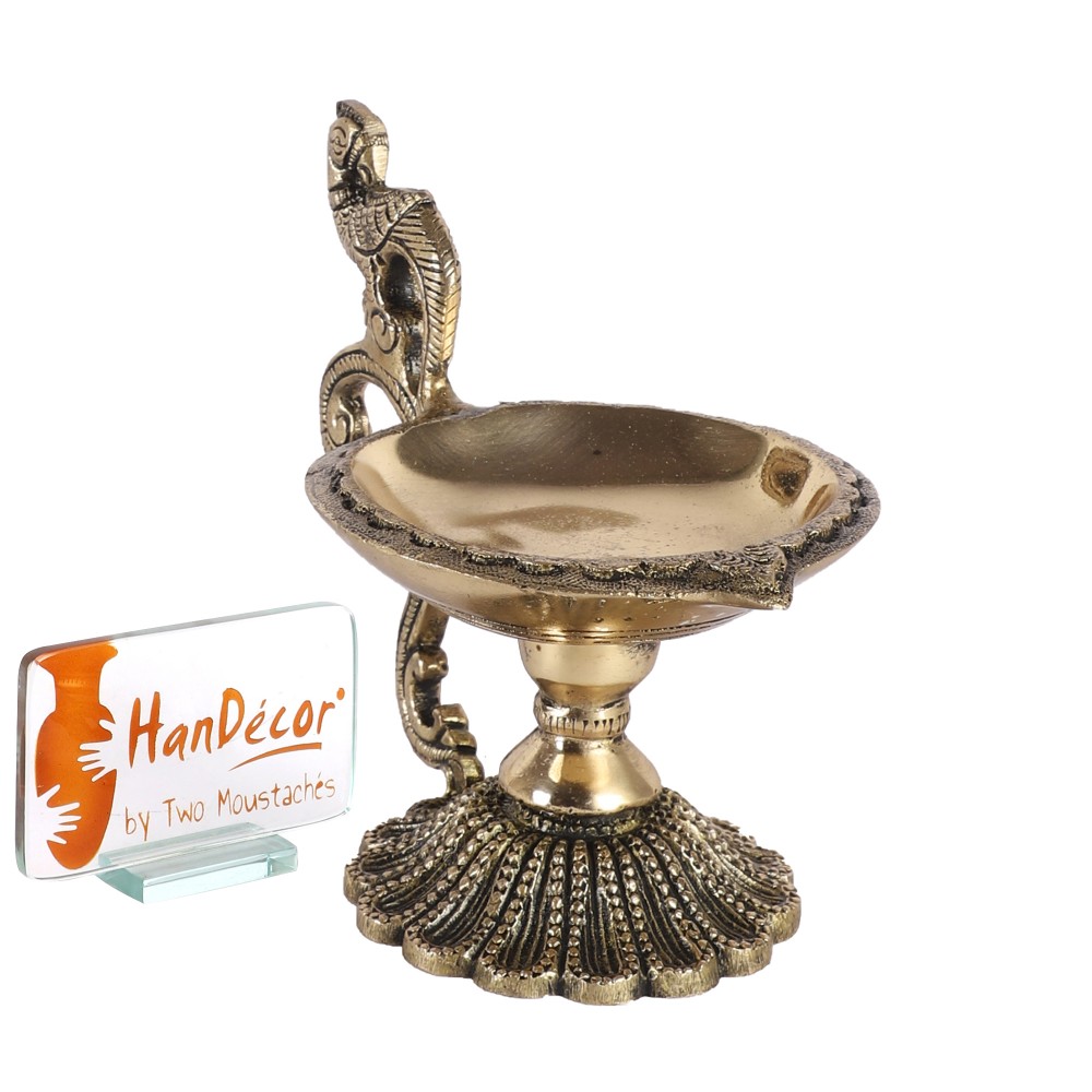 Ethnic Curved Peacock Handle Design 4 Inches Brass Diya