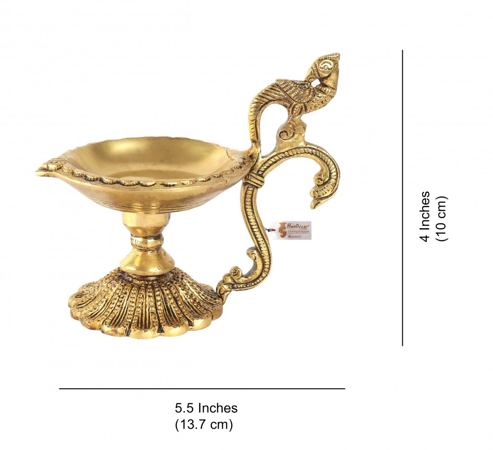 Ethnic Curved Peacock Handle Design 4 Inches Brass Diya (Golden)