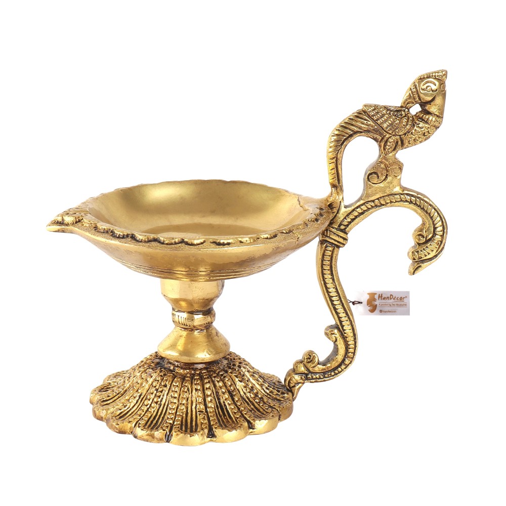 Ethnic Curved Peacock Handle Design 4 Inches Brass Diya (Golden)