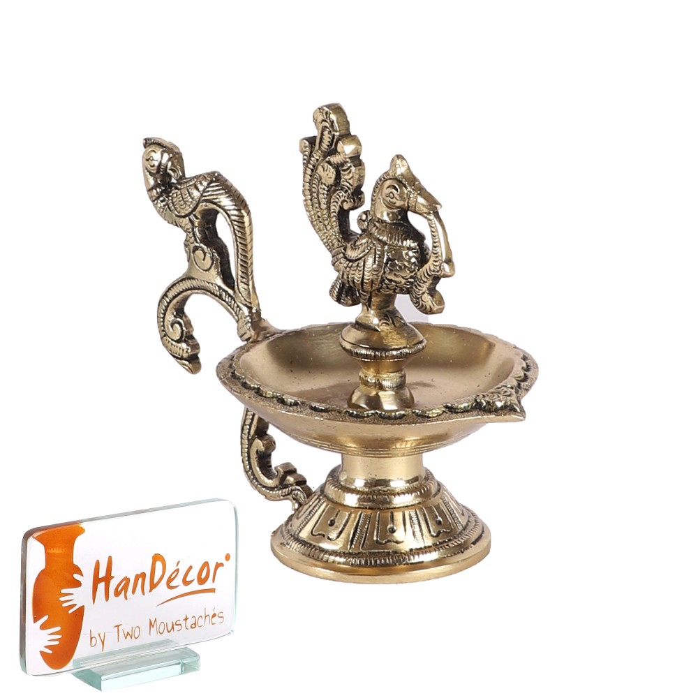 Twin Peacock Design Ethnic Curved Peacock Handle 5 Inches Brass Diya