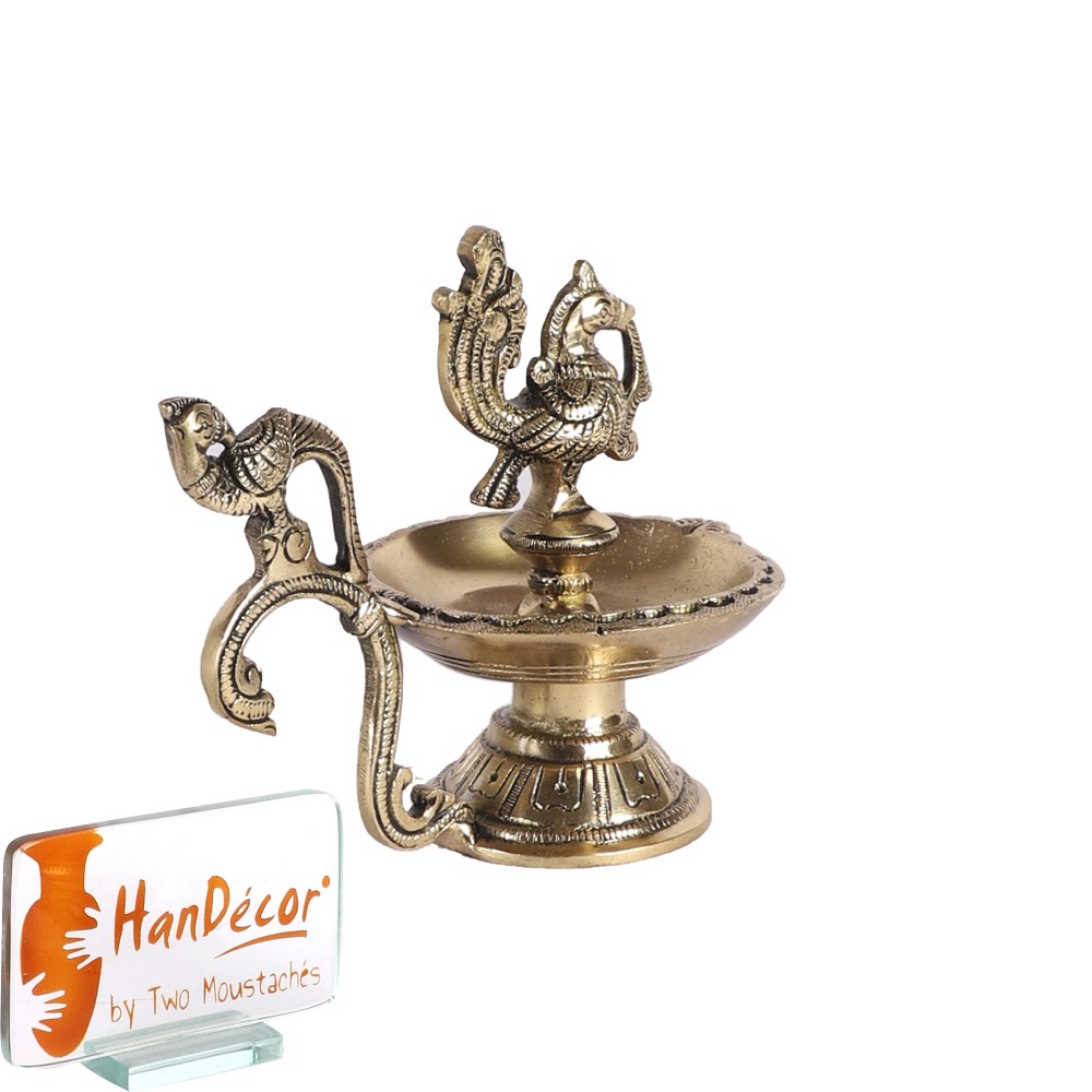 Twin Peacock Design Ethnic Curved Peacock Handle 5 Inches Brass Diya