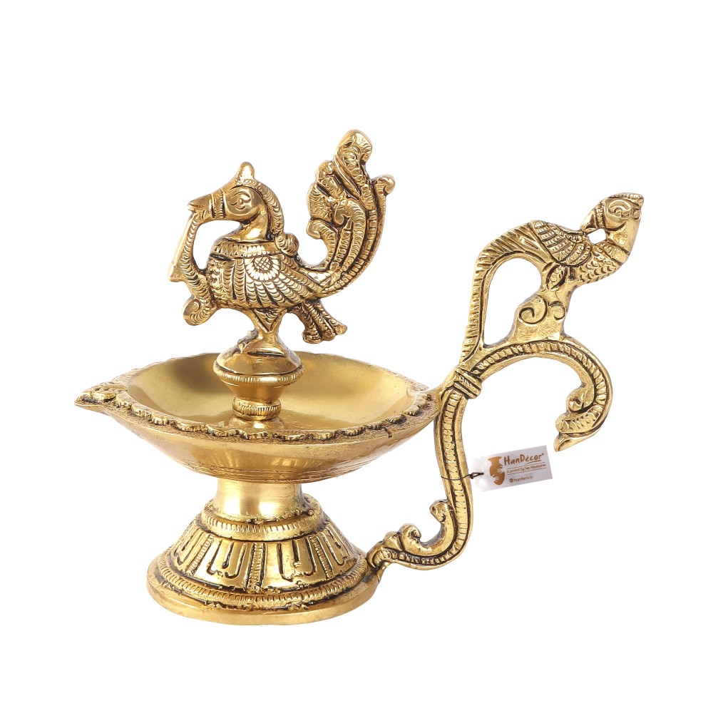 Twin Peacock Design Ethnic Curved Peacock Handle 5 Inches Brass Diya (Golden)