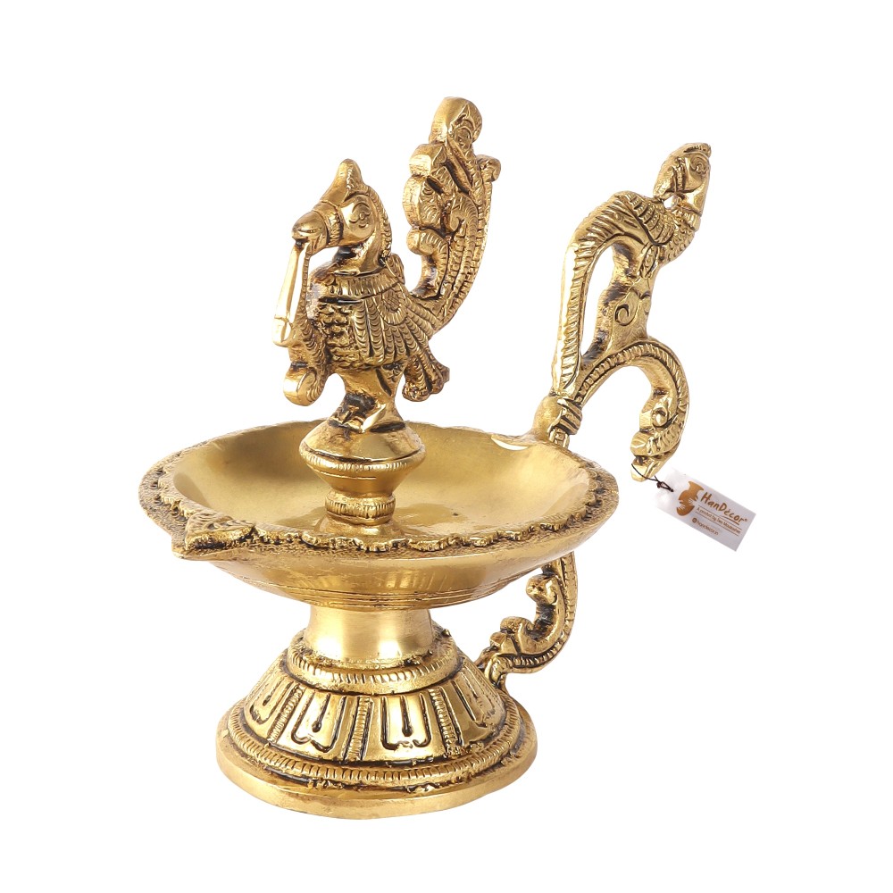 Twin Peacock Design Ethnic Curved Peacock Handle 5 Inches Brass Diya (Golden)