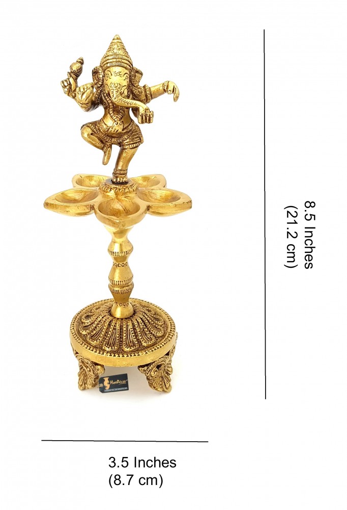 Dancing Ganesha Over Ethnic Legs Five Oil Wick Brass Diya - Golden