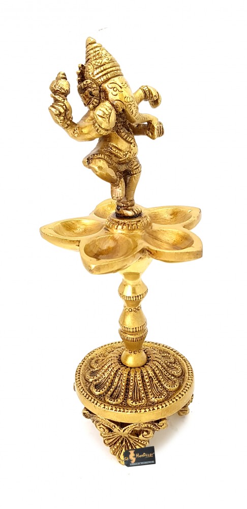 Dancing Ganesha Over Ethnic Legs Five Oil Wick Brass Diya - Golden
