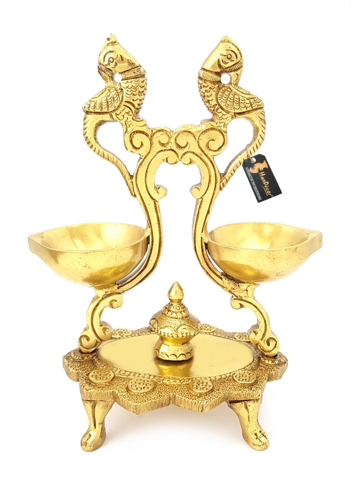 Ethnic Peacock Design Twin Oil Wick Brass Diya (Golden)