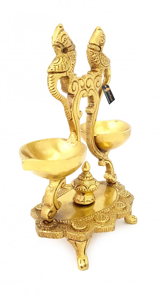 Ethnic Peacock Design Twin Oil Wick Brass Diya (Golden)