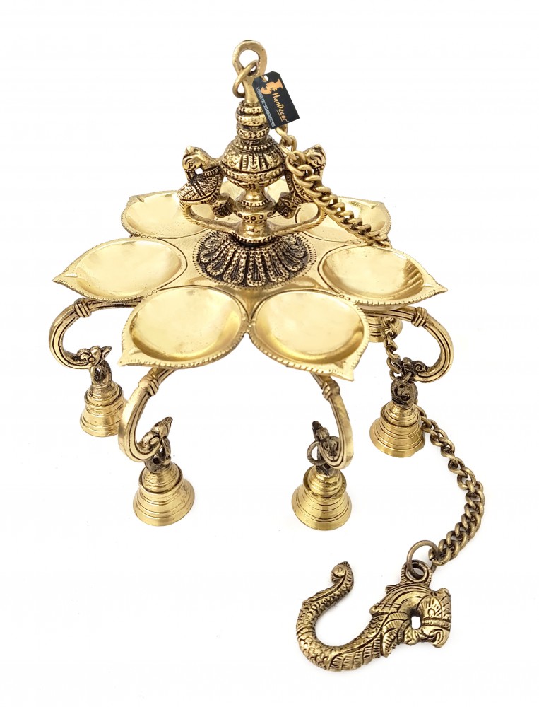 Twin Peacock Over 7 Oil Wick Brass Hanging Diya with Bells