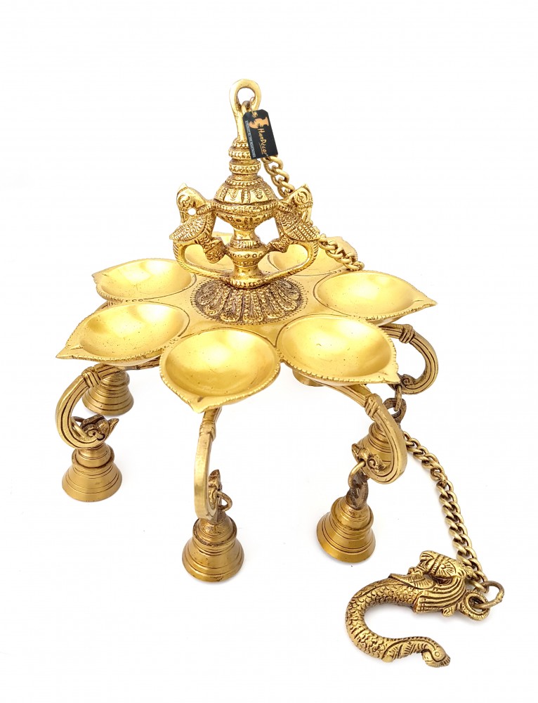 Twin Peacock Over 7 Oil Wick Brass Hanging Diya with Bells (Golden)