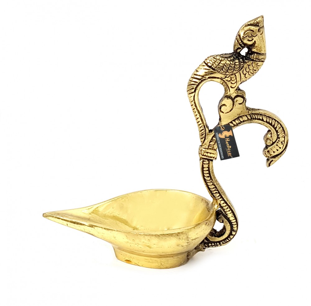 Ethnic Curved Peacock Handle Design 5 Inches Brass Diya