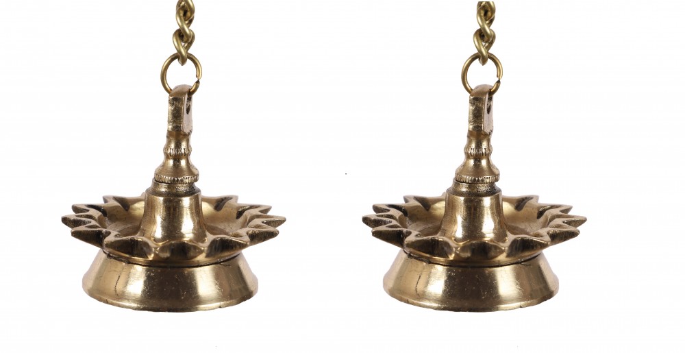 Ethnic Indian Design 14 Oil Wick Brass Hanging Diya Pair Pack of 2