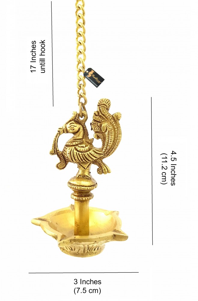 Ethnic Handmade Peacock Design 5 Oil Wick Brass Hanging Diya (Golden)