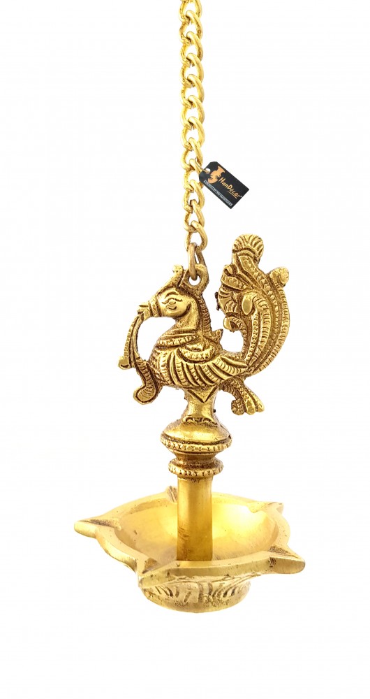 Ethnic Handmade Peacock Design 5 Oil Wick Brass Hanging Diya (Golden)