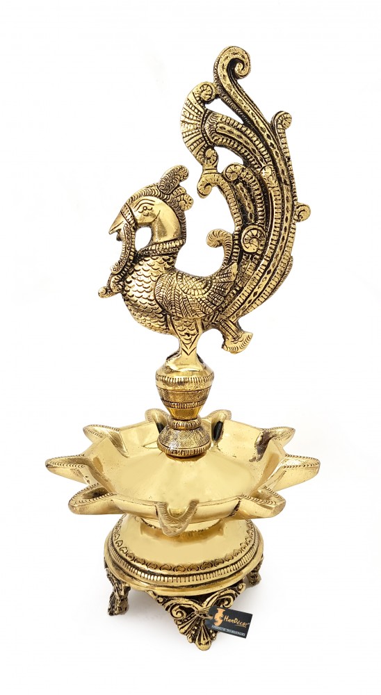 Peacock Design 9 Oil Wick Brass Diya (Antique,11 Inches)