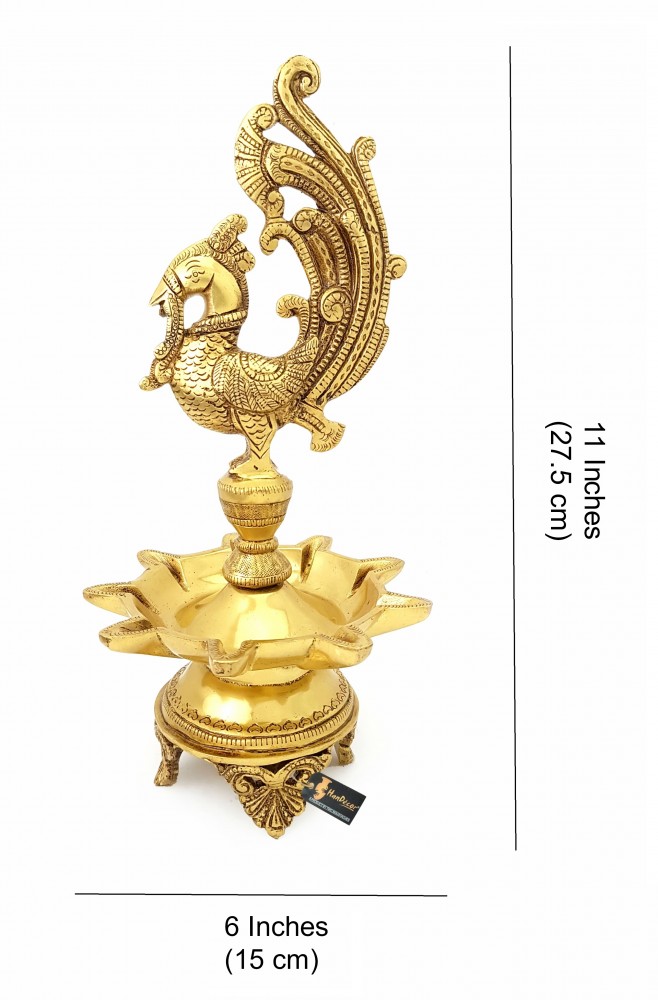 Peacock Design 9 Oil Wick Brass Diya (Golden, 11 Inches)