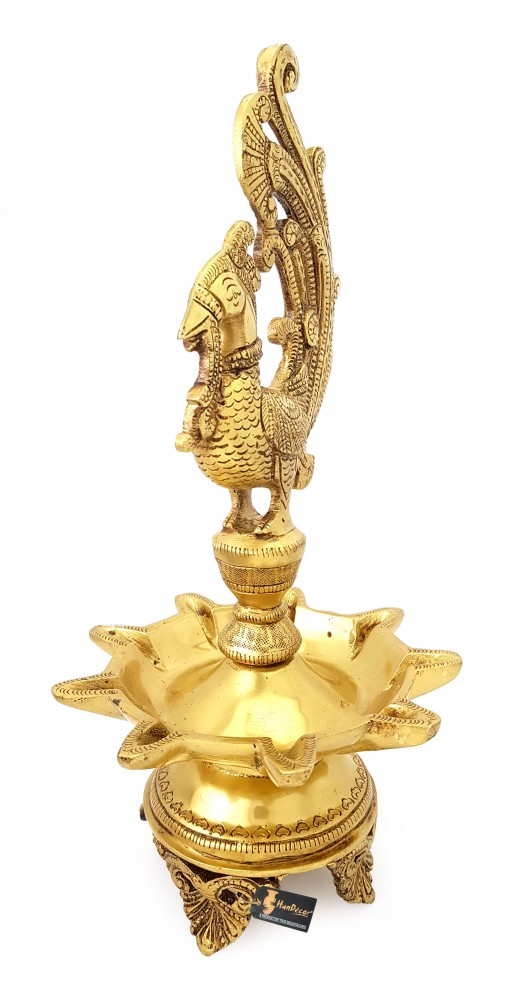 Peacock Design 9 Oil Wick Brass Diya (Golden, 11 Inches)