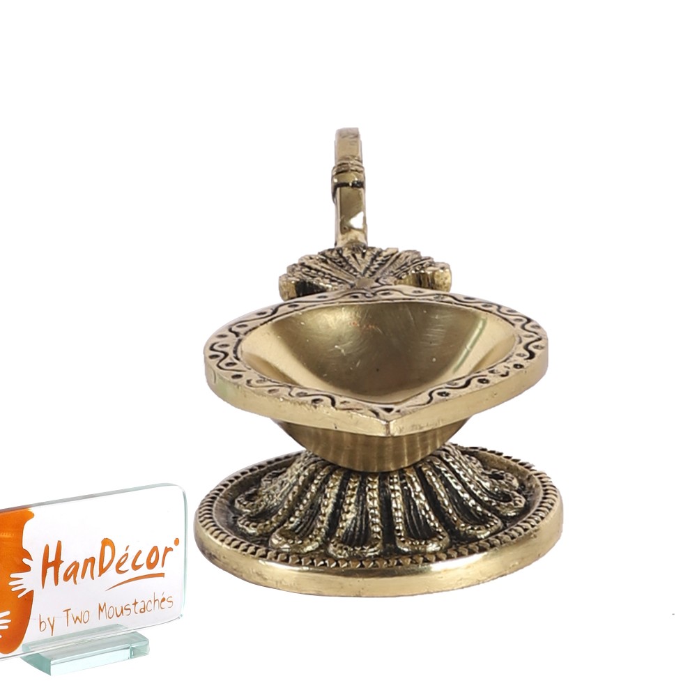 Ethnic Handcarved Brass Diya with Curved Handle