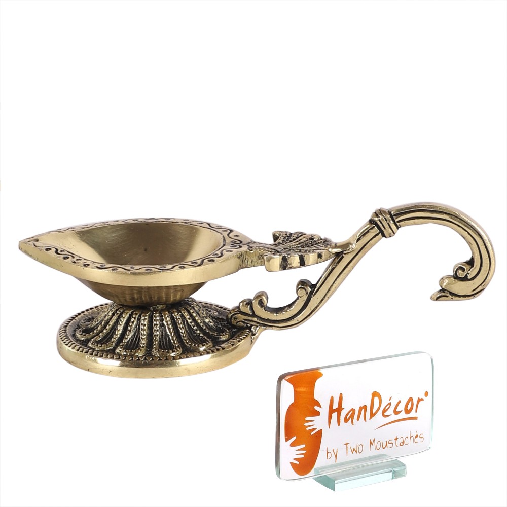 Ethnic Handcarved Brass Diya with Curved Handle