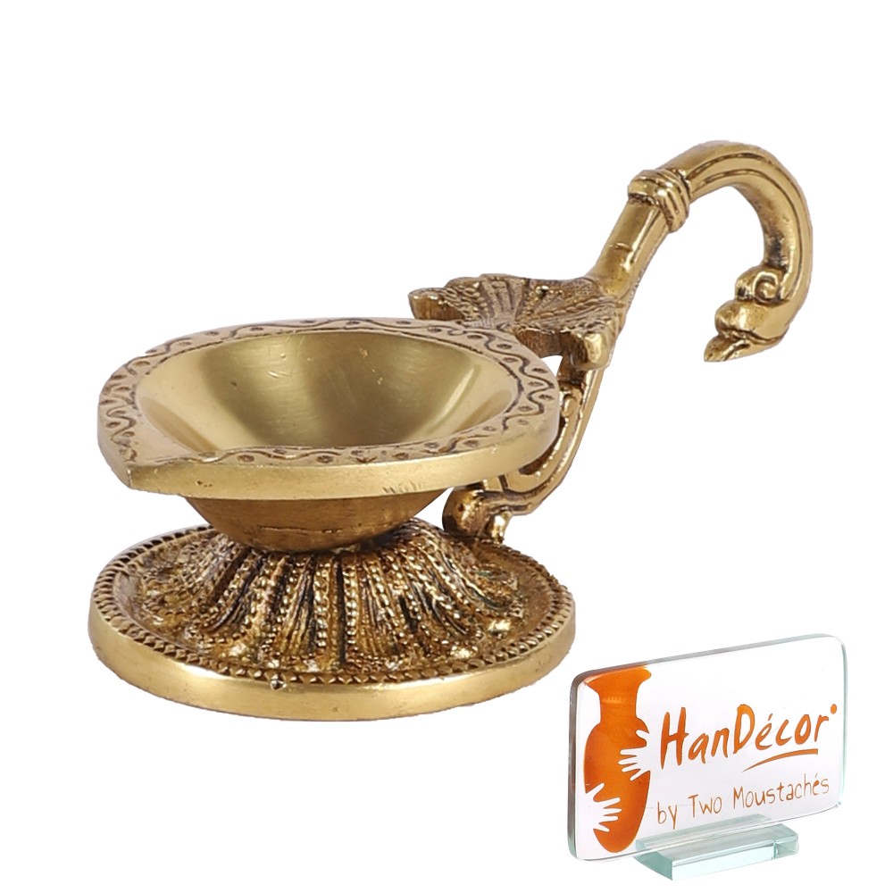 Ethnic Handcarved Brass Diya with Curved Handle, Golden