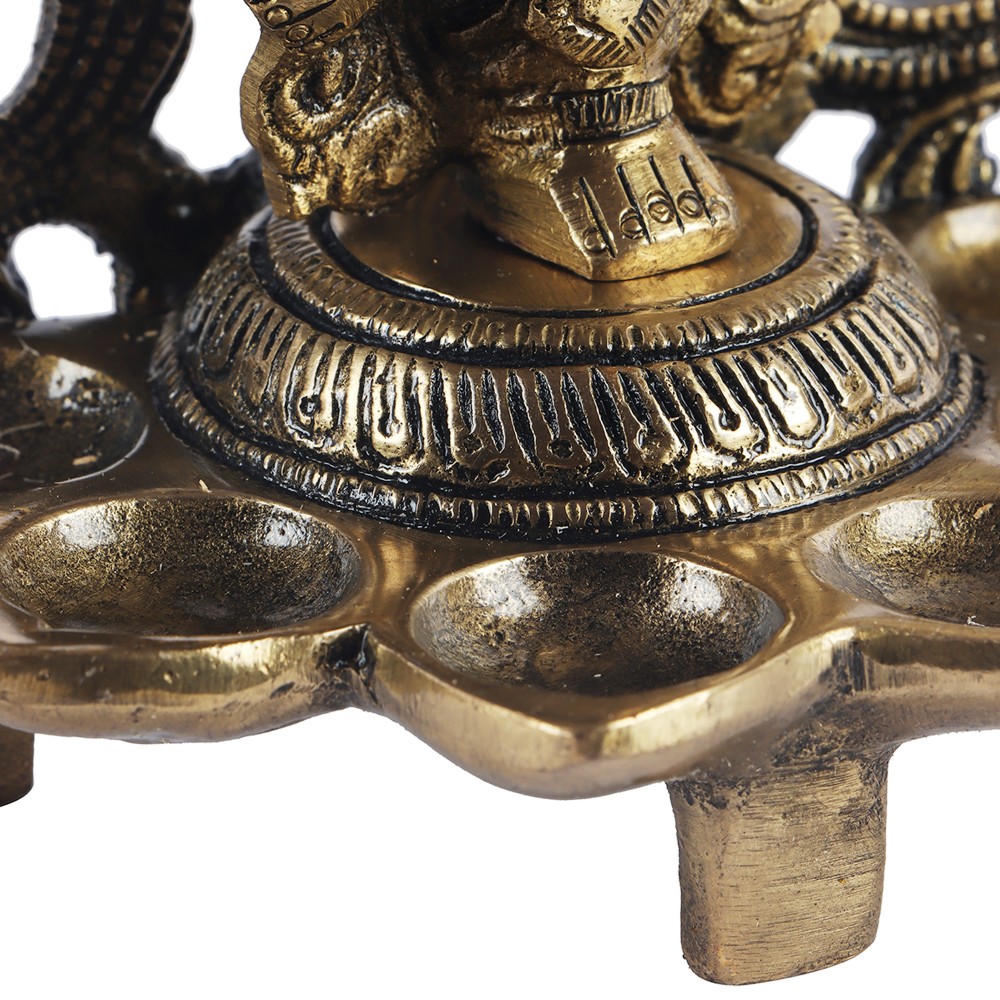 Brass Dancing Ganesha Design Five Oil Wick Diya Antique_6 Inch x 3 Inch X 7 Inch