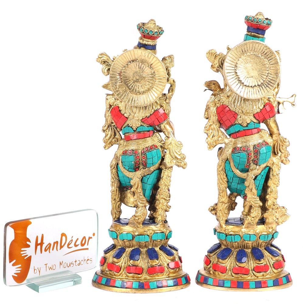 Gemstone Work Radha Krishna 15 Inches Brass Statue Pair