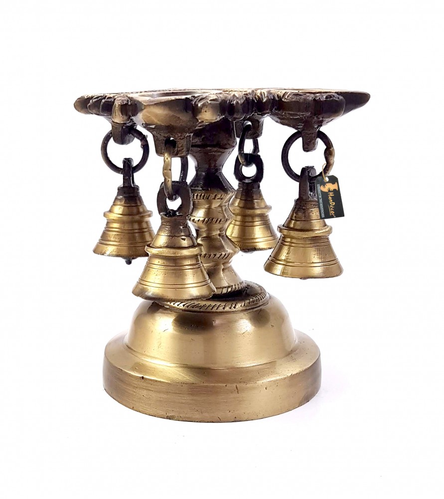 Brass Handmade 4 Oil Wick Brass Diya with Bells