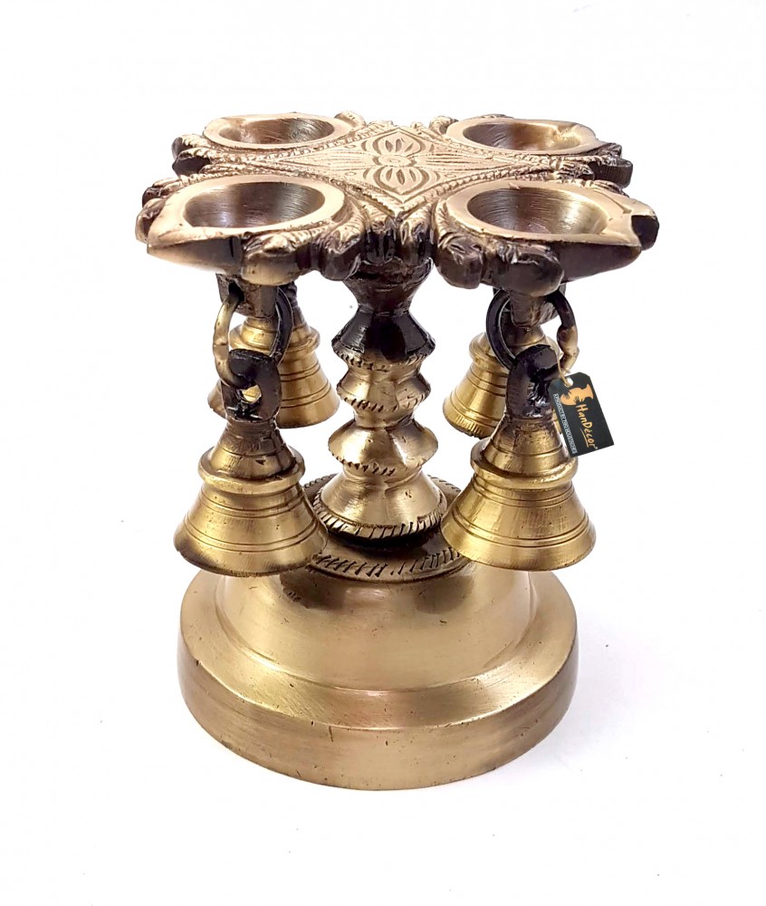Brass Handmade 4 Oil Wick Brass Diya with Bells