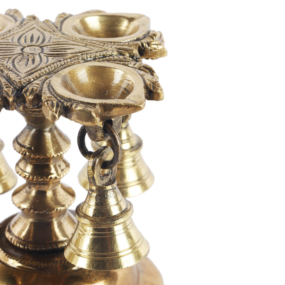 Brass Handmade 4 Oil Wick Brass Diya with Bells - Antique White