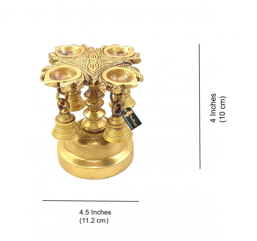 Brass Handmade 4 Oil Wick Brass Diya with Bells - Antique Yellow