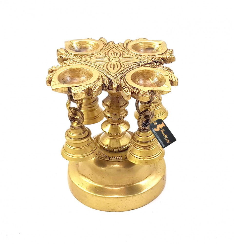 Brass Handmade 4 Oil Wick Brass Diya with Bells - Antique Yellow