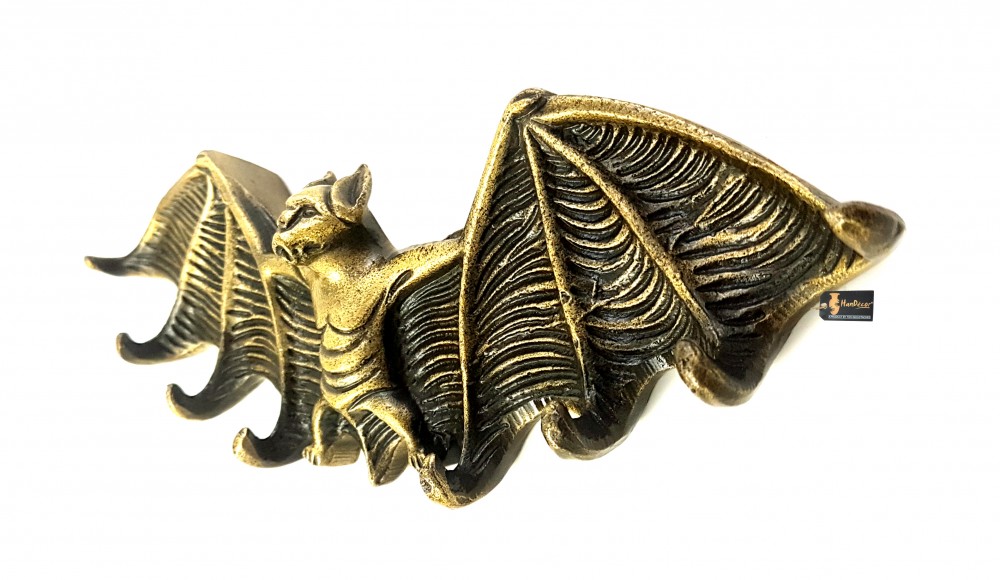 Vampire Bat Wings Design 8 Hooks Metal Wall Key Holder - Antique Brass Finish