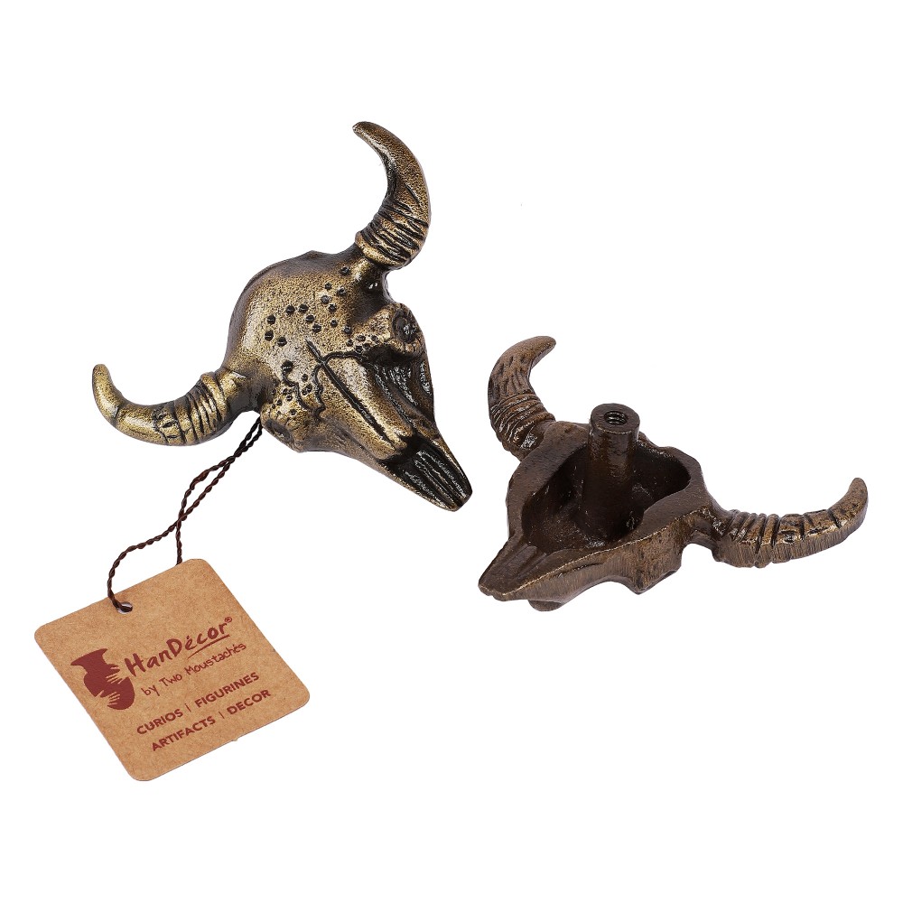 Cast Iron Buffalo Skull Design Cabinet/Wardrobe Knobs (Standard, Antique Brass) - Pack of 6