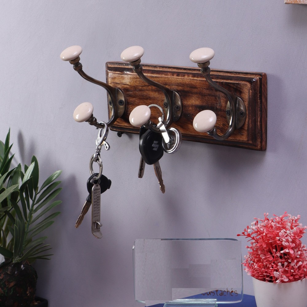 Wall Mounted 3 Designer Antique Finished Hooks with Ceramic knobs/Hook rail with Mango Wood/Wooden Textured Light Brown Base
