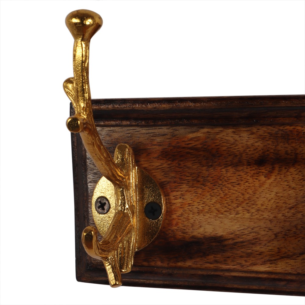Wall Mounted 3 Designer Golden Antler Hooks/Hookrails with Mango Wood/Wooden Textured Light Brown Base