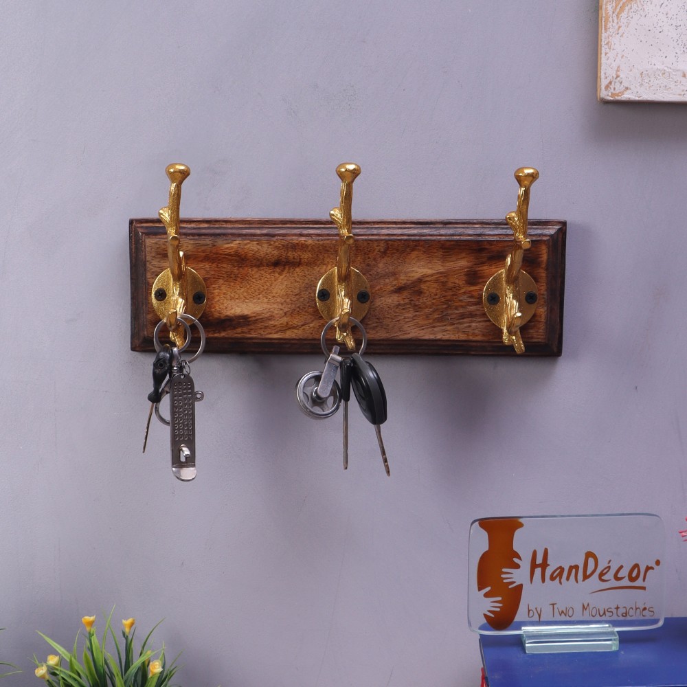 Wall Mounted 3 Designer Golden Antler Hooks/Hookrails with Mango Wood/Wooden Textured Light Brown Base
