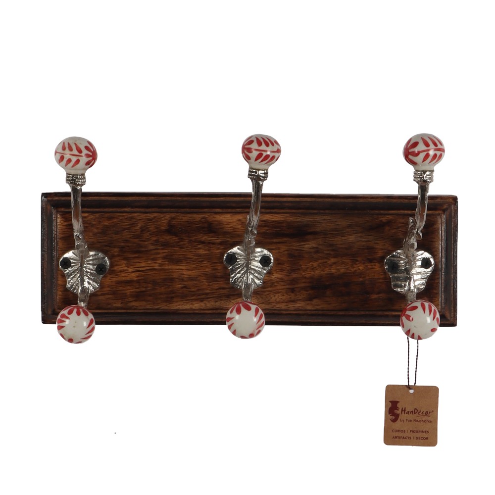 Wall Mounted 3 Designer Nickel Finished Hooks/Hookrails with Mango Wood/Wooden Textured Light Brown Base