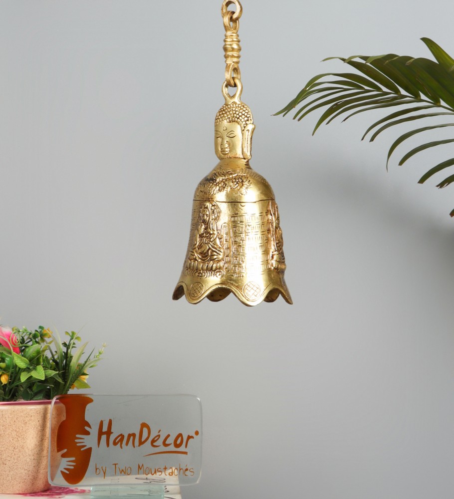 Buddha Head Design Brass Hanging Bell (Standard, Antique Yellow)