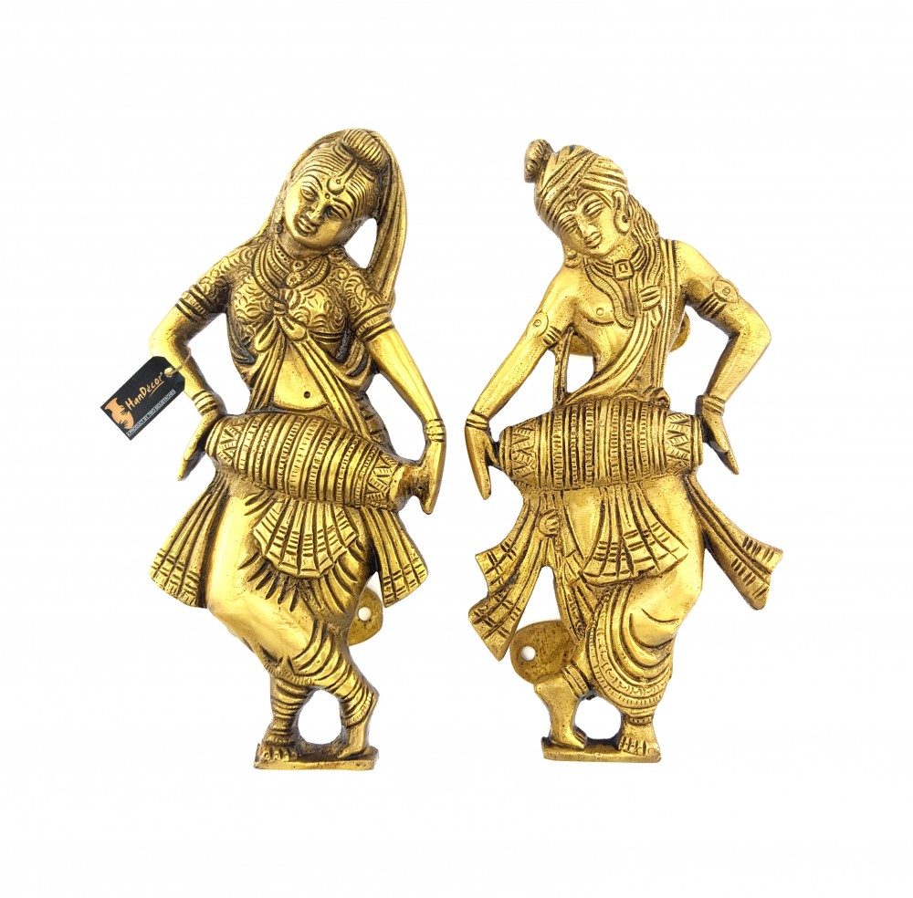 Radha Krishna Playing Dholak Brass Door Handle Pair (Antique Yellow,Standard)