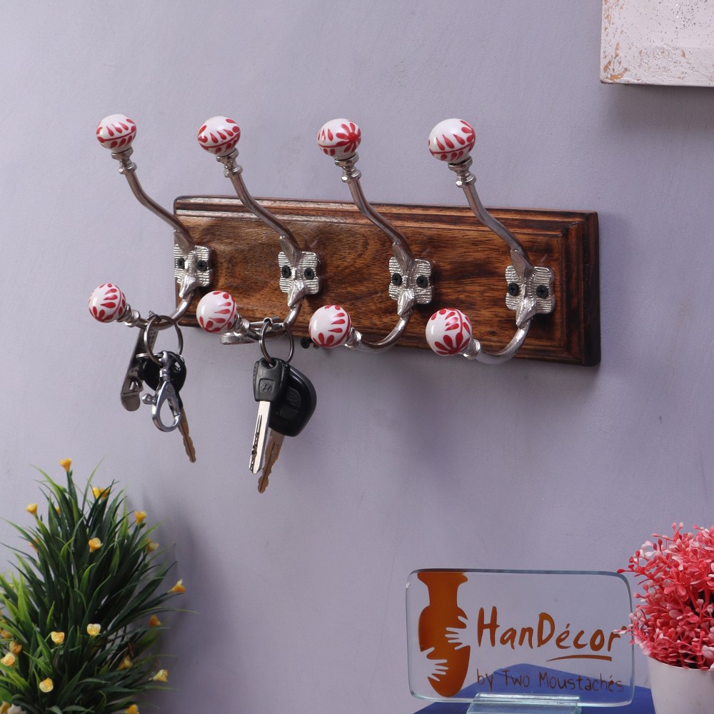 Wall Mounted 4 Designer Nickel Finished Hooks/Hookrails with Mango Wood/Wooden Textured Light Brown Base