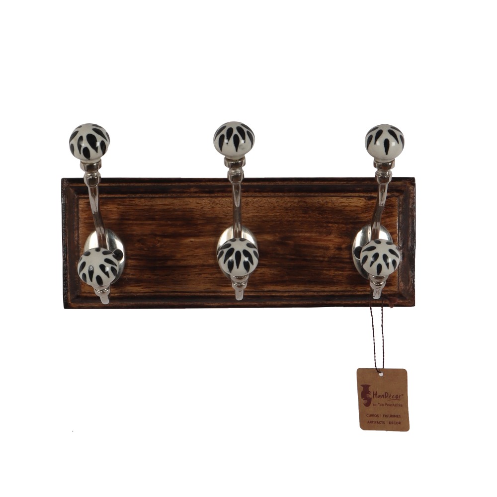 Wall Mounted 3 Designer Nickel Finished Hooks with Ceramic Knobs/Hookrails with Mango Wood/Wooden Textured Light Brown Base